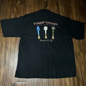 SOLD Tommy Bahama Silk Black Paradise On Tap Embroidered Hawaiian Button Down